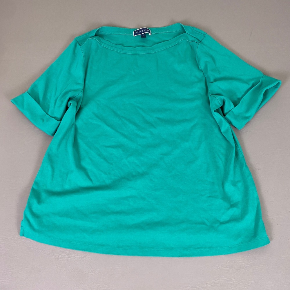 Karen Scott Top Women's 3X Teal Green Boat Neck Cuffed Short Sleeve 100%‎ Cotton